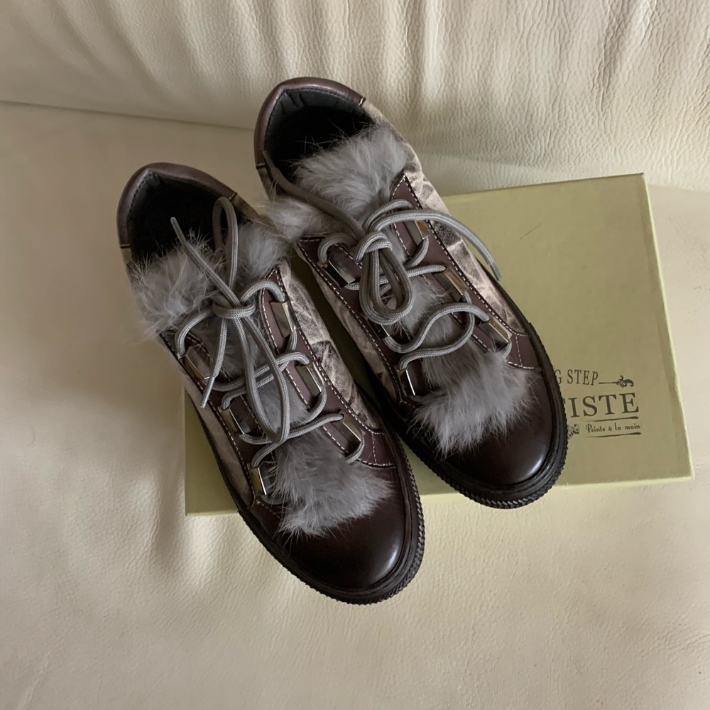 New SPRING STEP L'ARTISTE Fashion Leather Sneakers with rabbit fur s 40 fit 39
